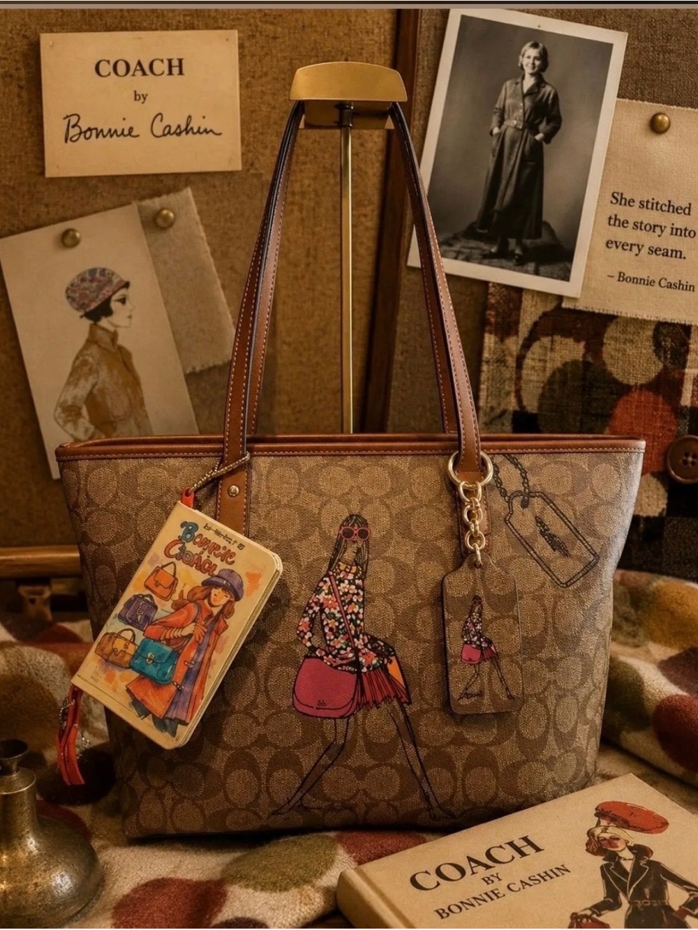 Coach Bonnie Cashin Signature Canvas Tote in Brown with Pink Accents and Hangtag